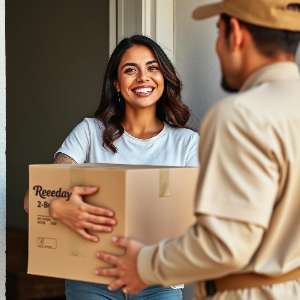 Cliente recebendo a encomenda com alegria